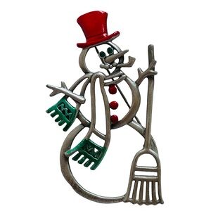 Vintage Signed JJ Pewter And Enamel Snowman Brooch With Rhinestone Eyes